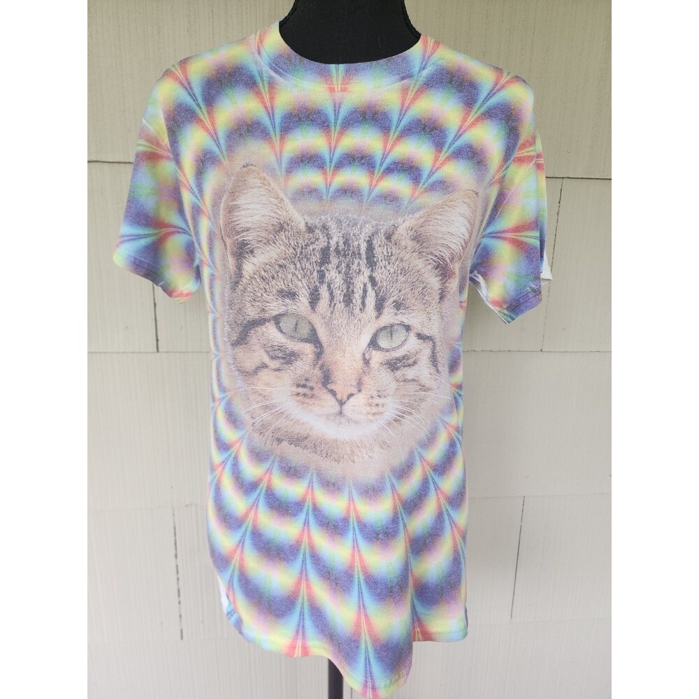 Gildan Womens Psychedelic Tie-dye T-Shirt Rainbow Tabby Cat Crew Neck Small S